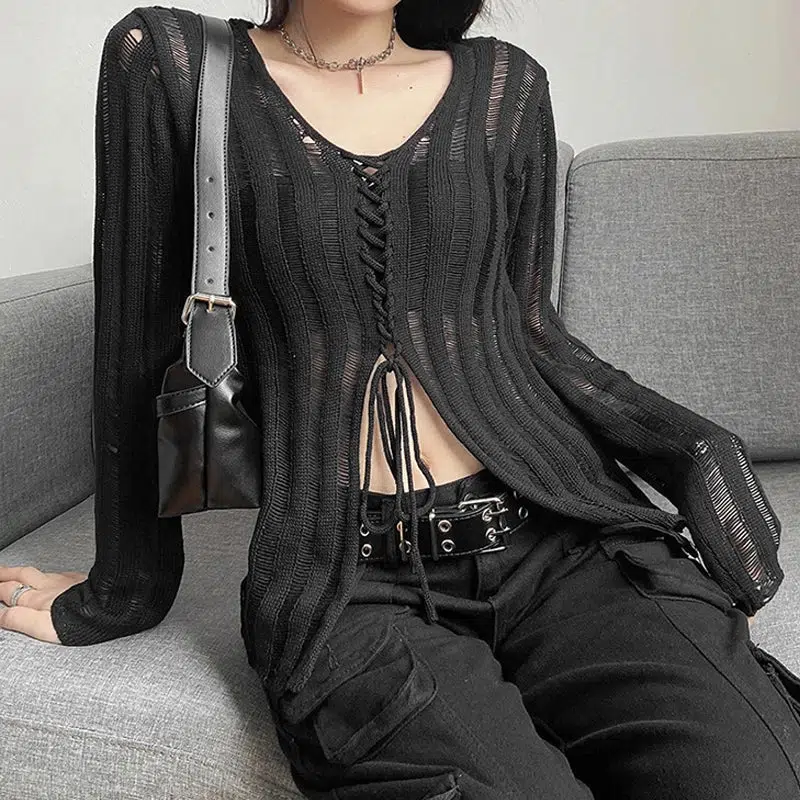 Y2K Grunge Sheer Lace Up Knitted Top - Image 2
