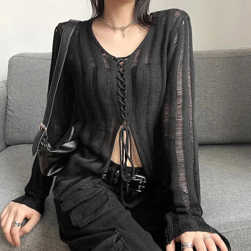 Y2K Grunge Sheer Lace Up Knitted Top - Image 4