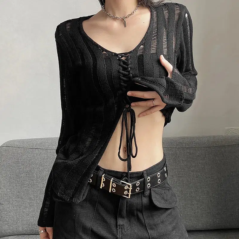 Y2K Grunge Sheer Lace Up Knitted Top - Image 5