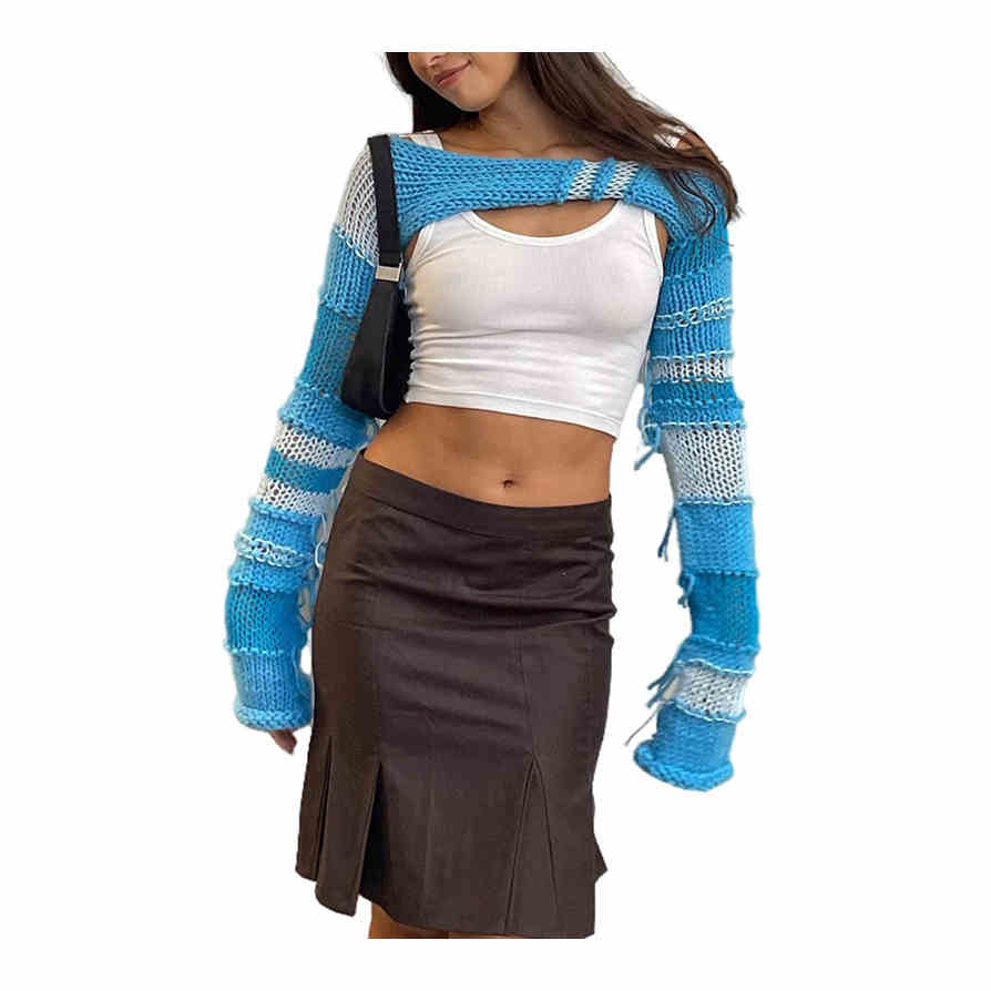 Y2K Knitted Hollow Striped Tassel Shawl - Image 9