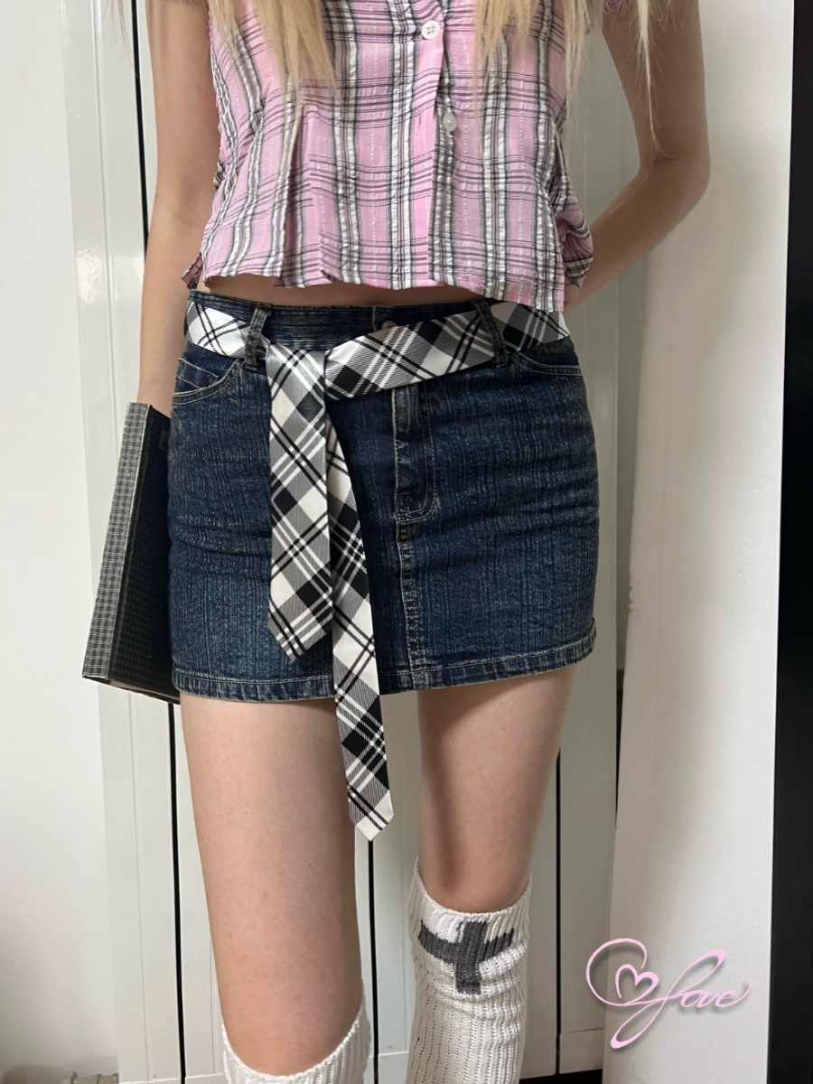 Y2K Lace Plaid Stitching Denim Skirt - Image 2