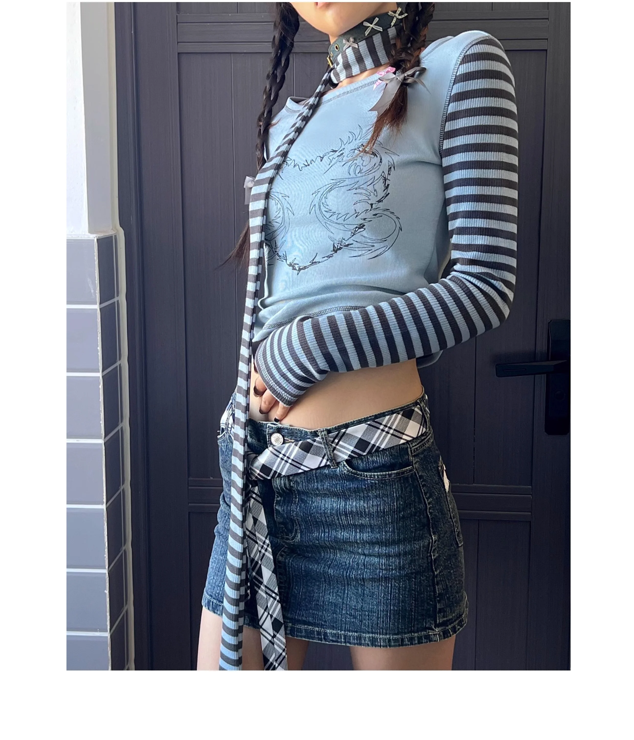Y2K Lace Plaid Stitching Denim Skirt - Image 3