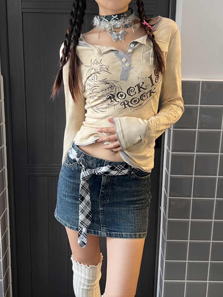 Y2K Lace Plaid Stitching Denim Skirt - Image 4