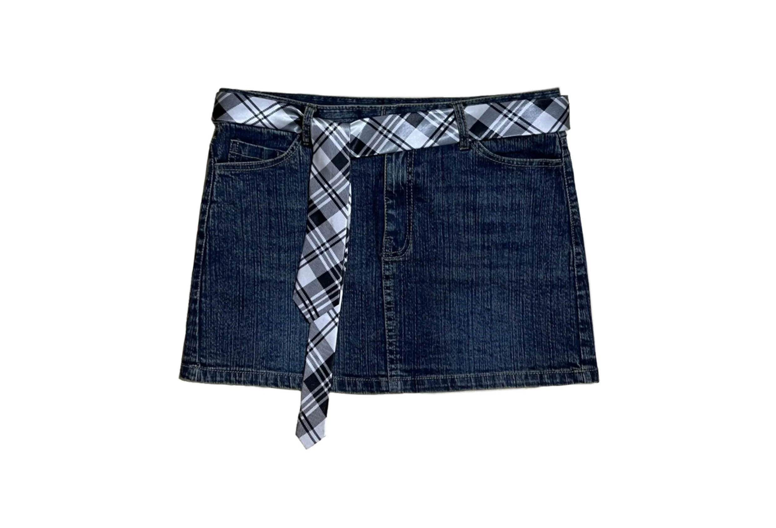 Y2K Lace Plaid Stitching Denim Skirt - Image 6