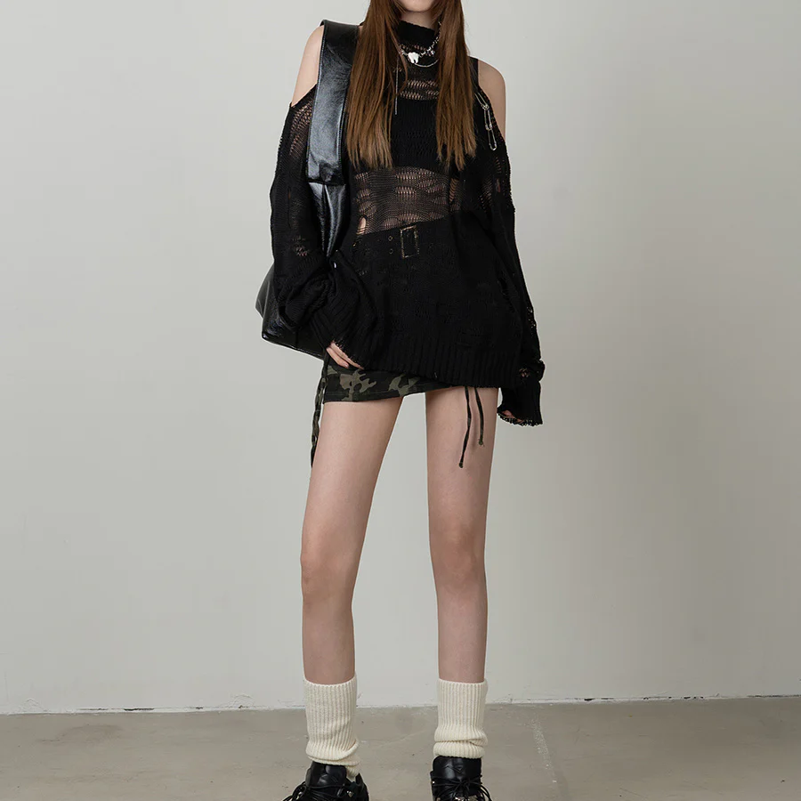 Y2K Mesh Hole Fishnet Off-shoulder Blouse - Image 2