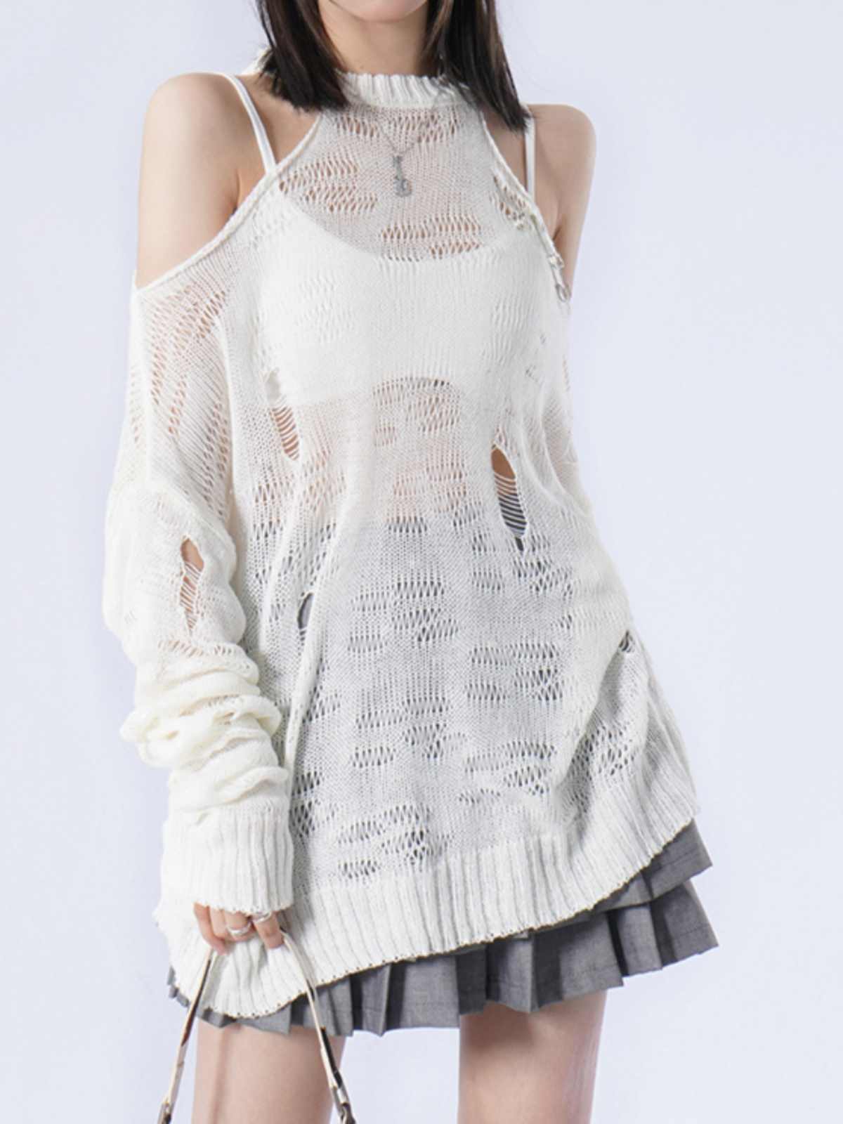 Y2K Mesh Hole Fishnet Off-shoulder Blouse - Image 5