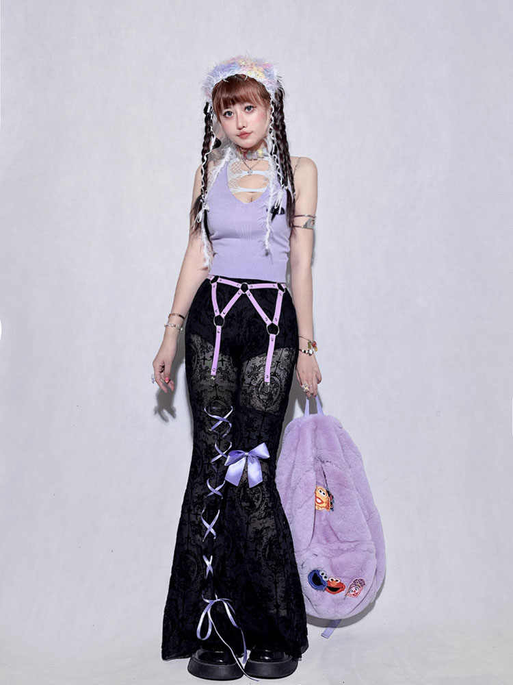 Y2k Mesh Lace Bell Bottom Pants - Image 3