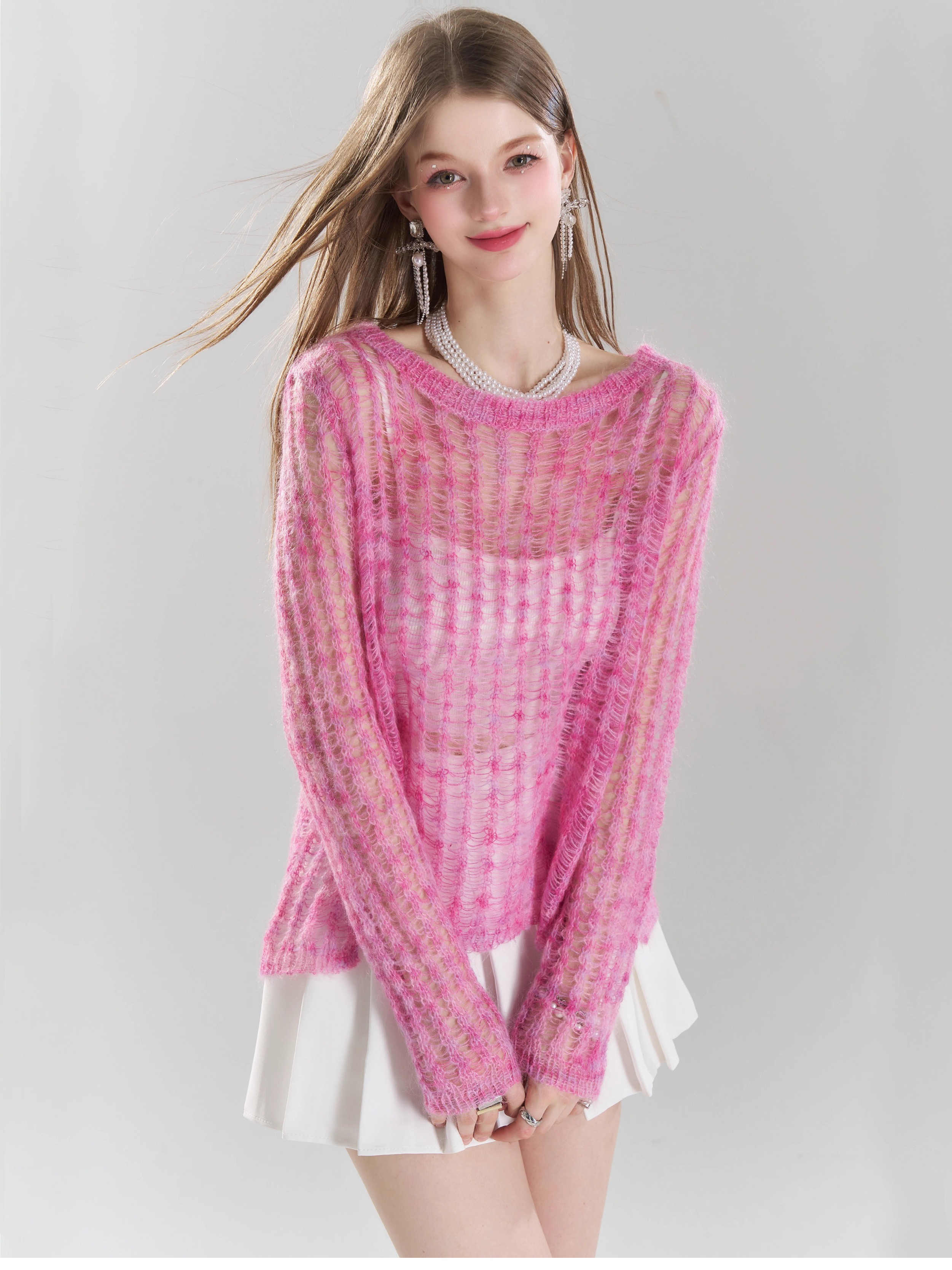 Y2K Pink Hollow Knitted Blouse