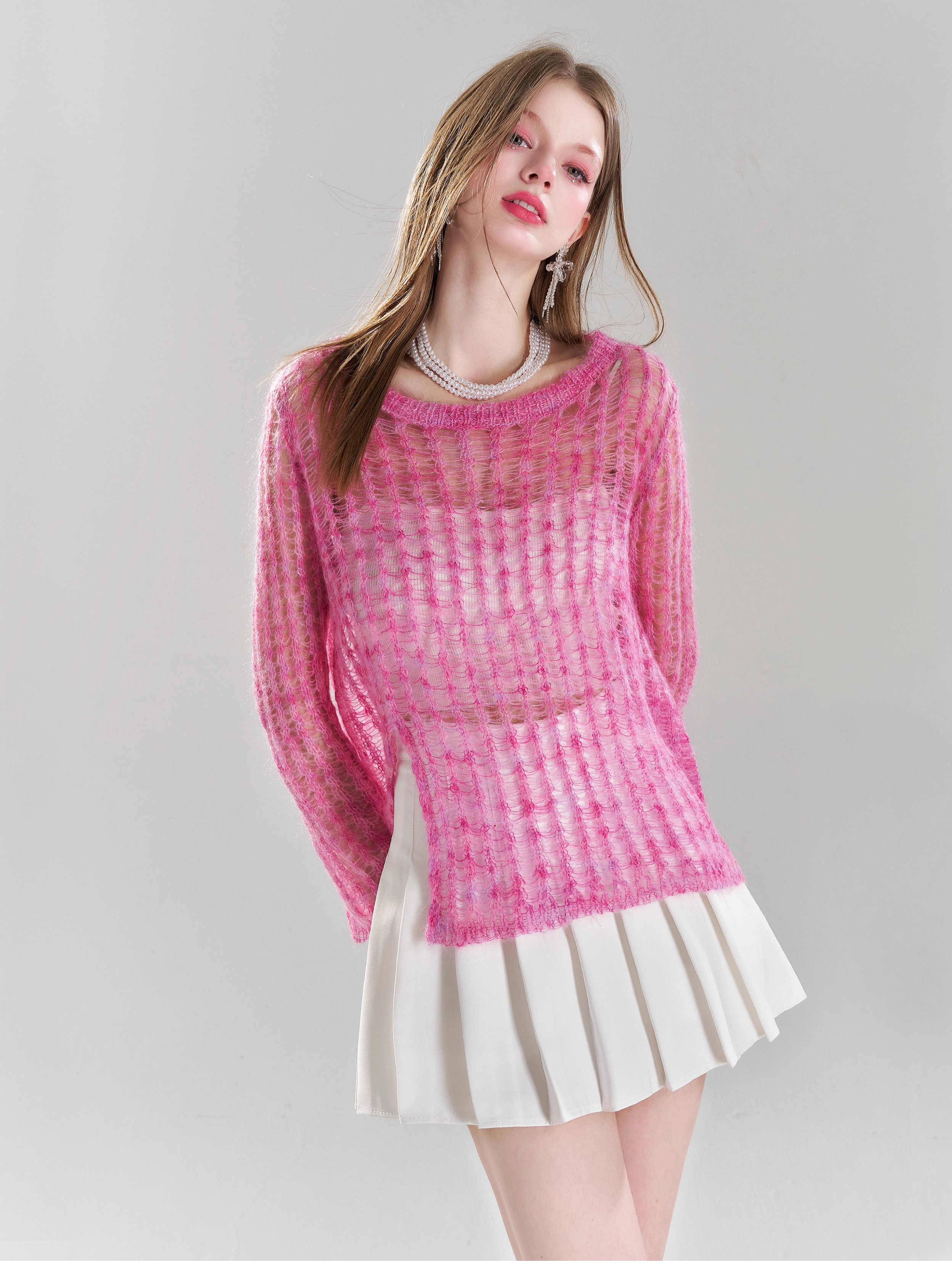 Y2K Pink Hollow Knitted Blouse - Image 2