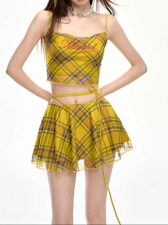 Y2K Plaid Embroidered Letters Skirt Coord - Image 3