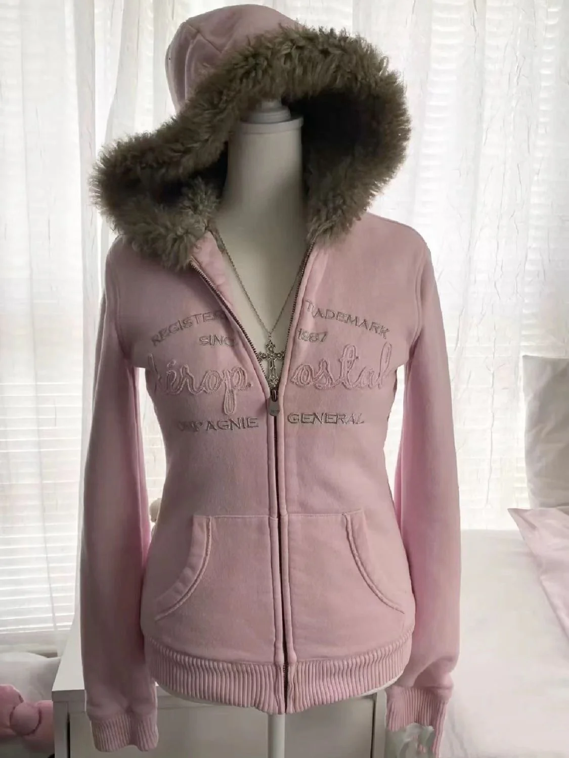 y2k retro pink letter fur collar hooded jacket