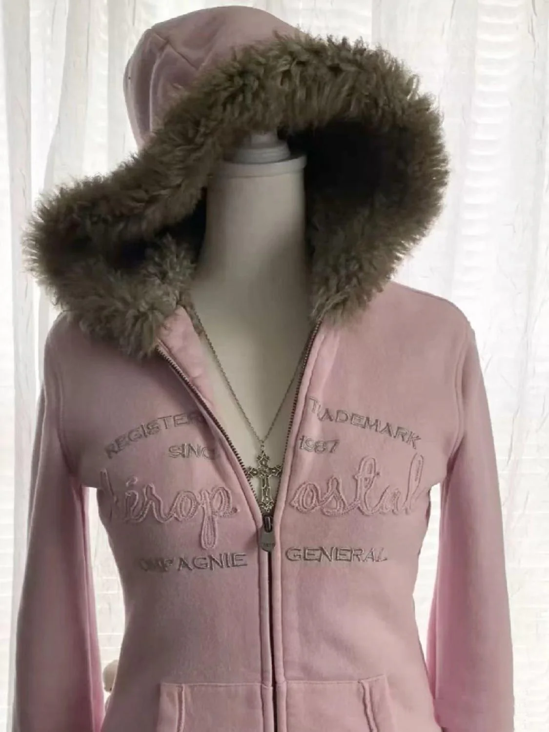 y2k retro pink letter fur collar hooded jacket - Image 2