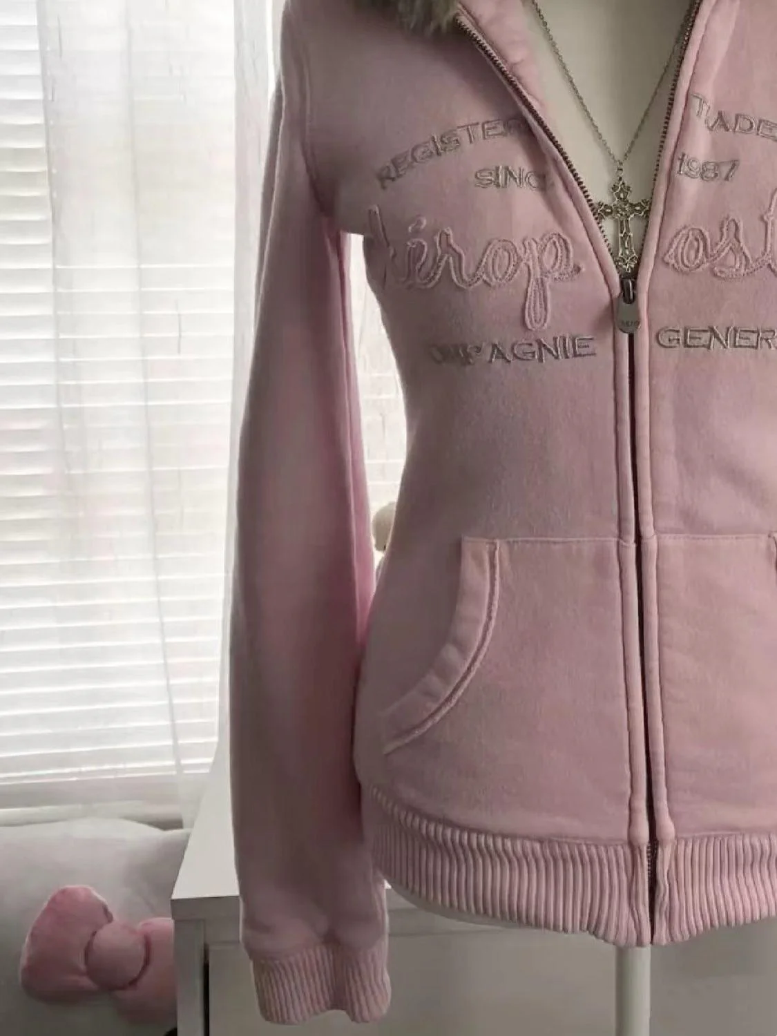 y2k retro pink letter fur collar hooded jacket - Image 3