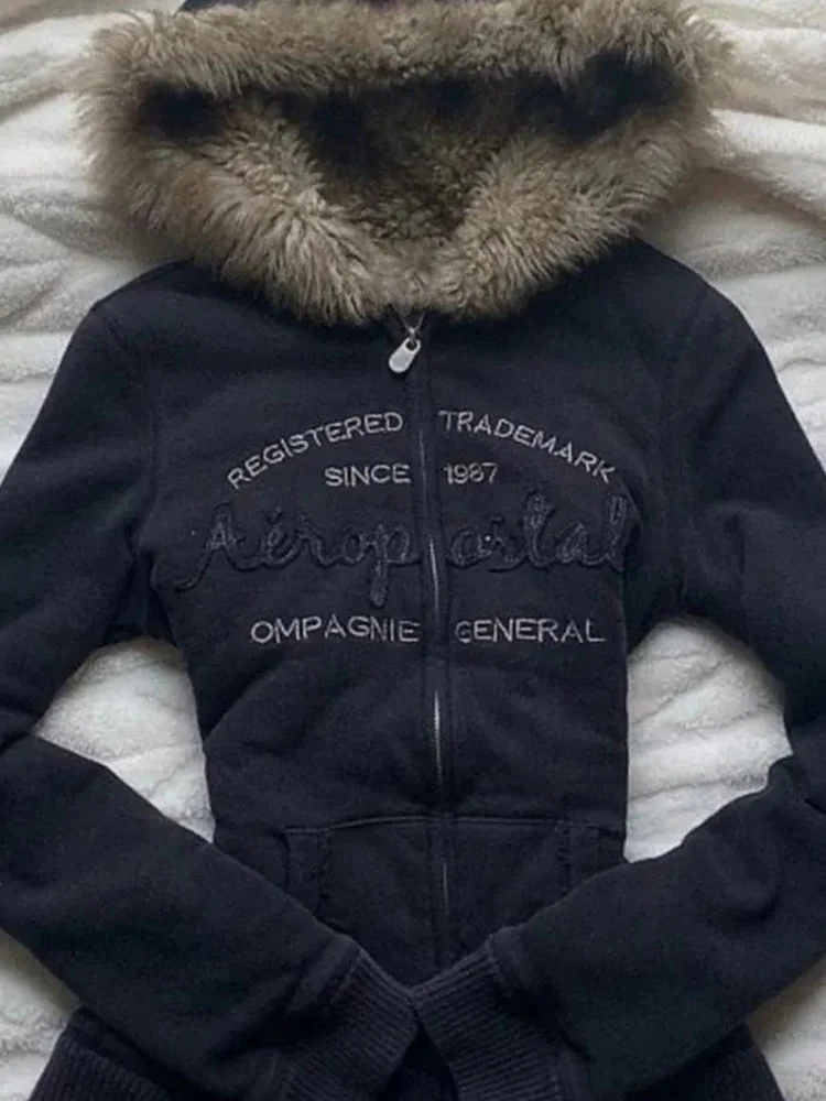 y2k retro pink letter fur collar hooded jacket - Image 5