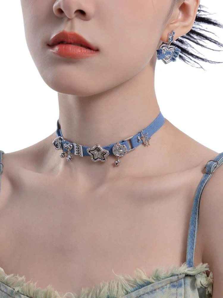 Y2K Sparkle Denim Choker Necklace - Image 3