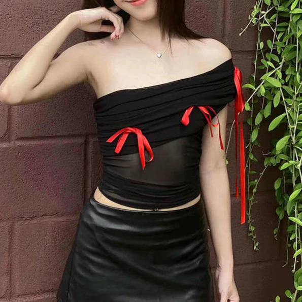 Y2K Spicy Mesh Slanted Shoulder Top - Image 2