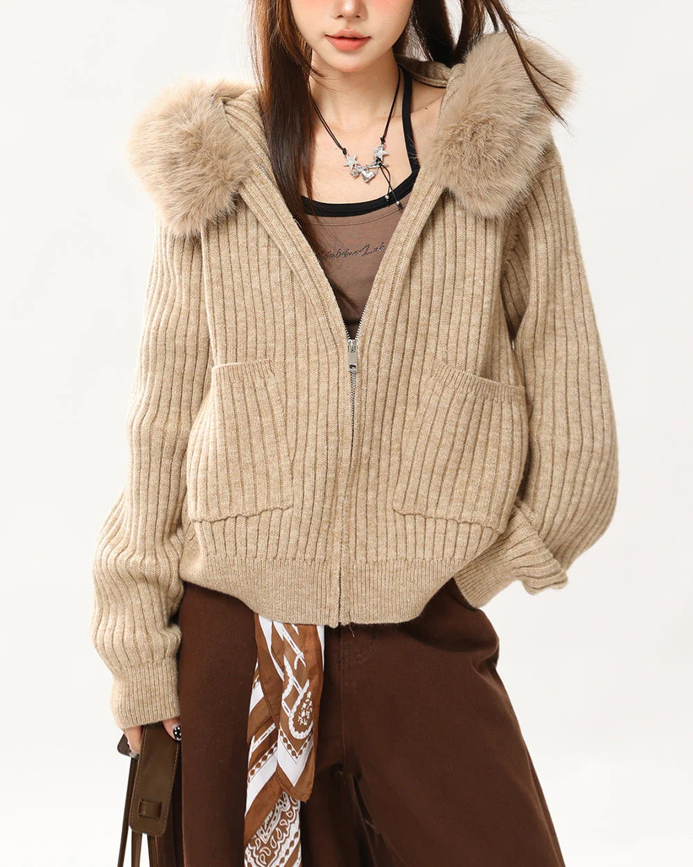 Y2K Style Fur Trim Zip Hoodie - Image 4