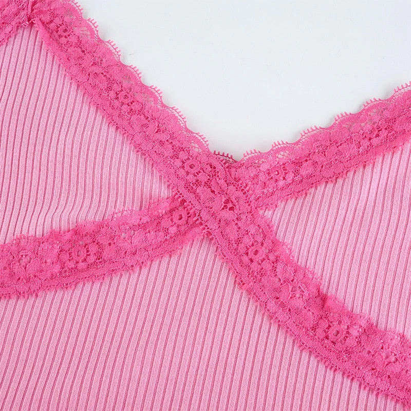 Y2K Tank Top Lace Rim Bubblegum Pink - Image 3