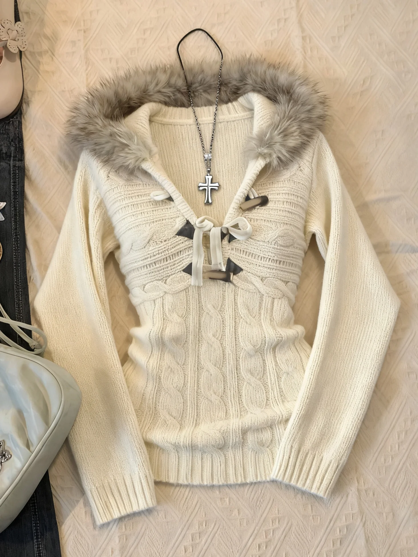 y2k vintage hooded fur collar sweater - Image 2
