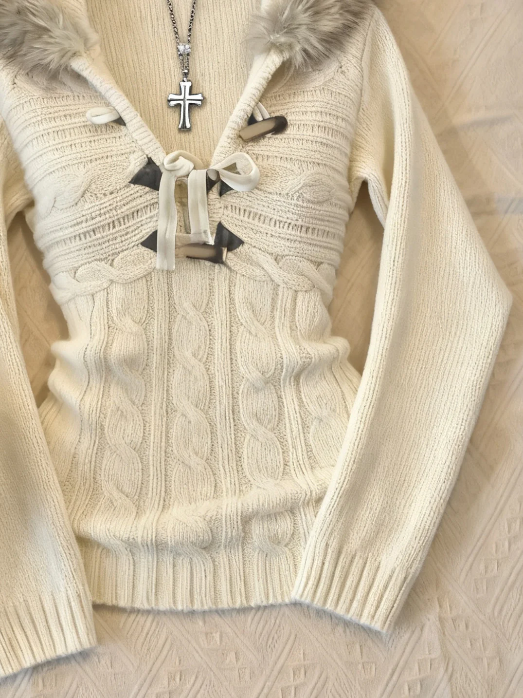 y2k vintage hooded fur collar sweater - Image 4