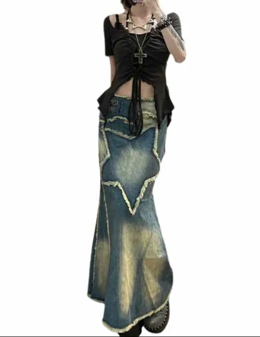 Y2K Vintage Star Maxi Denim Skirt - Image 3