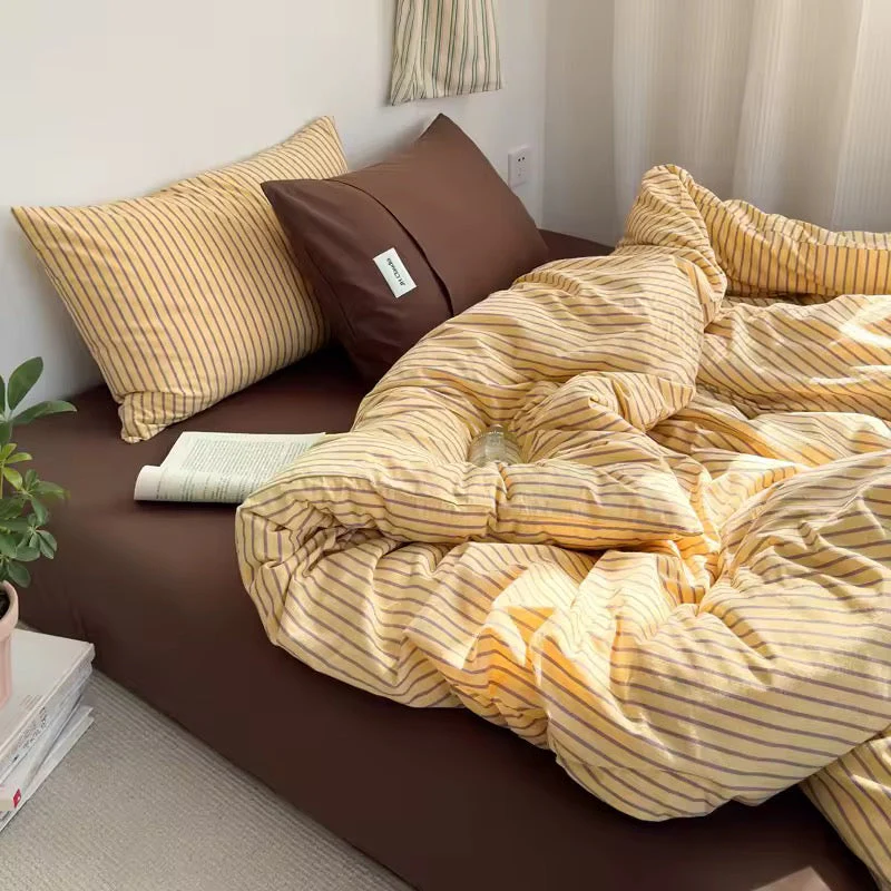 Yellow & Brown Striped Cotton Bedding Set - Image 2