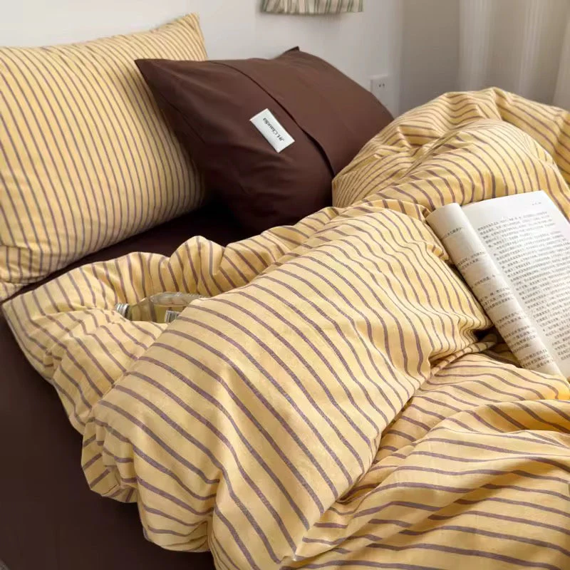 Yellow & Brown Striped Cotton Bedding Set - Image 4