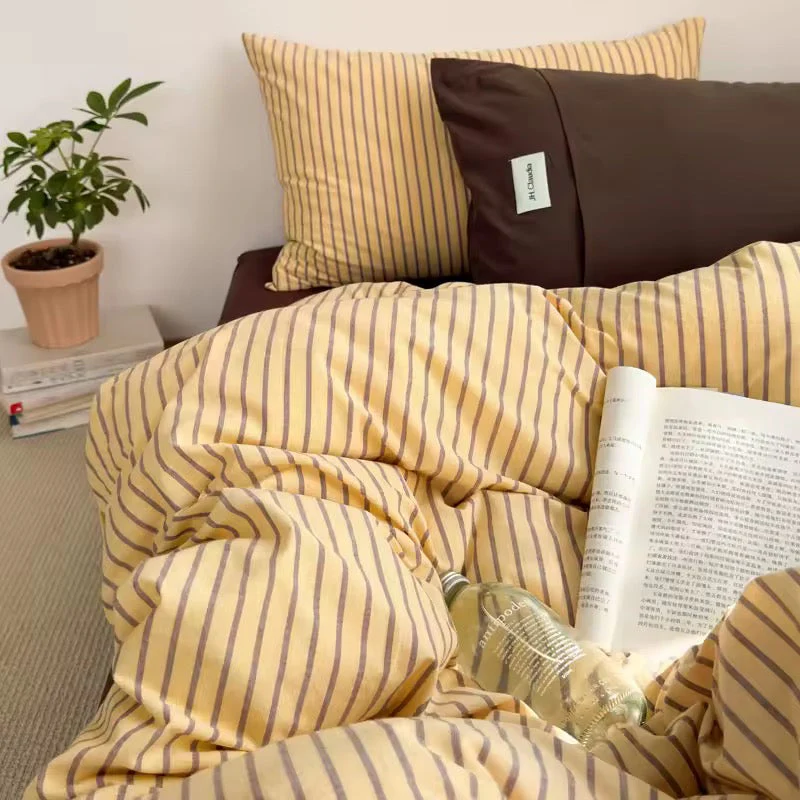 Yellow & Brown Striped Cotton Bedding Set - Image 5