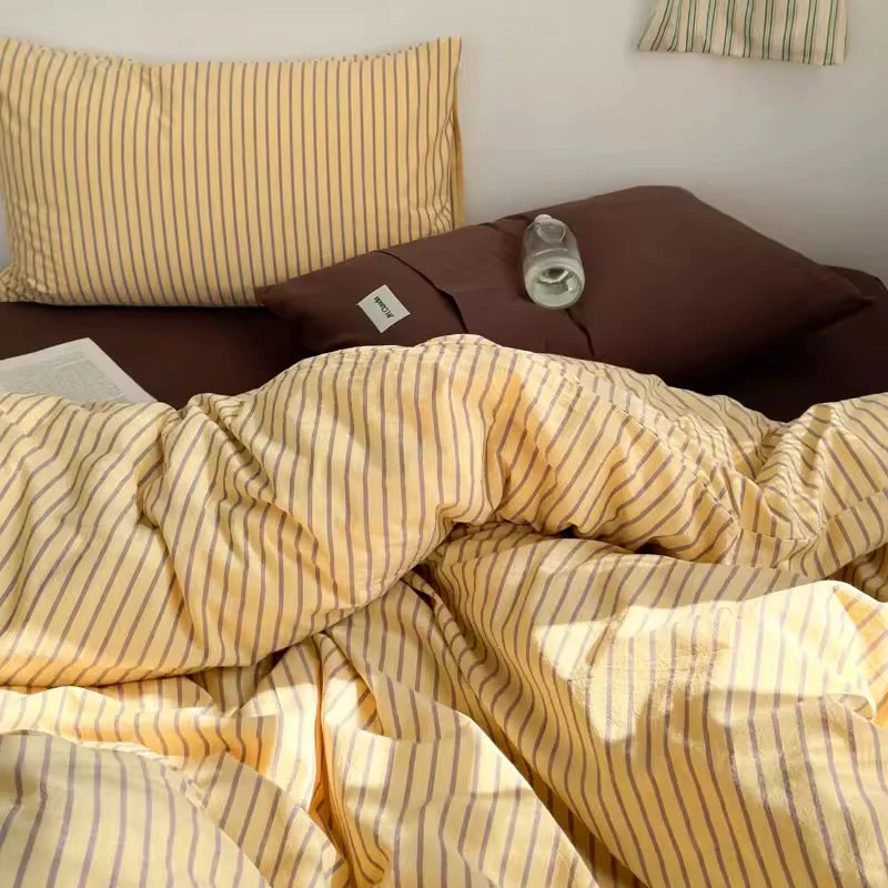 Yellow & Brown Striped Cotton Bedding Set - Image 6