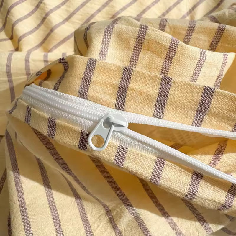 Yellow & Brown Striped Cotton Bedding Set - Image 9