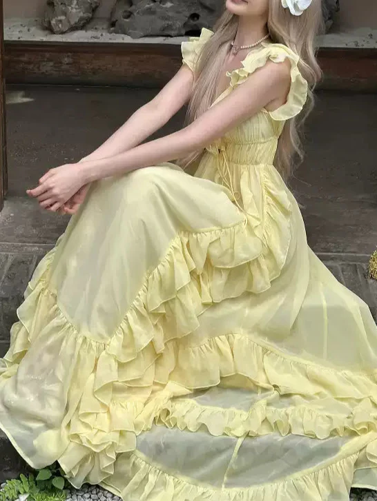 Yellow Irregular Ruffled Fairy Dress - Image 3