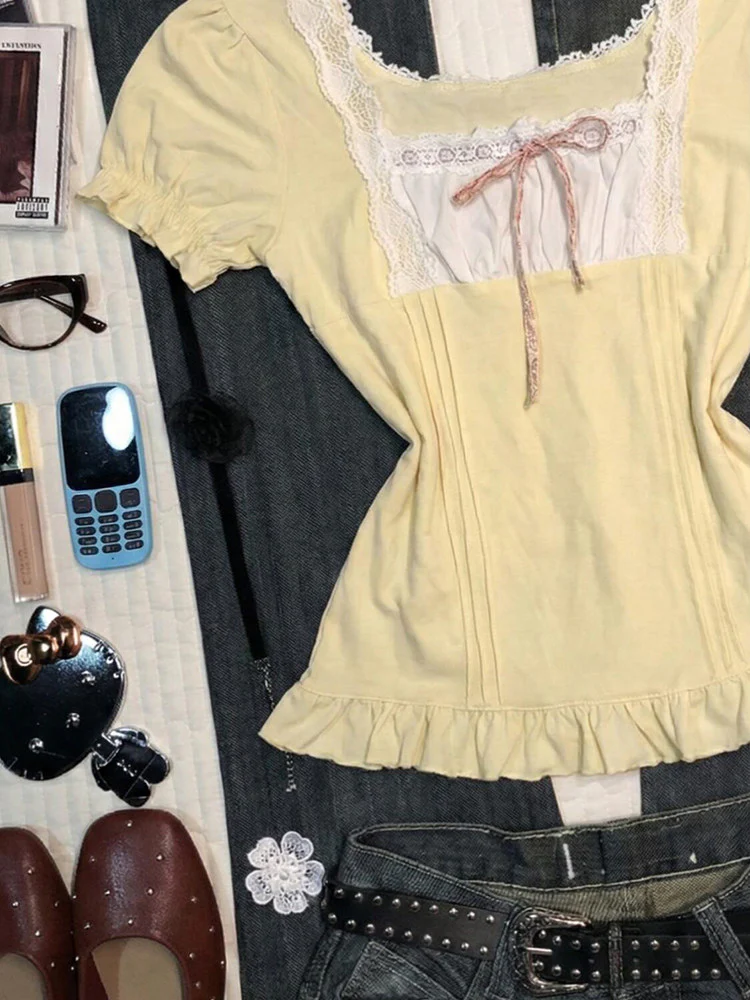 yellow lace bow shirt - Image 3