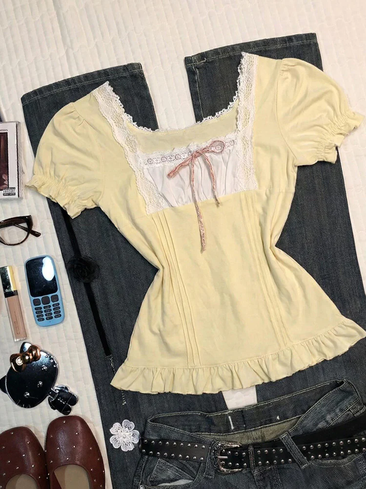 yellow lace bow shirt - Image 4