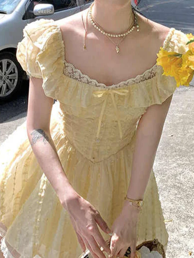 Yellow Square Neck Puff Sleeve Dress - Image 2