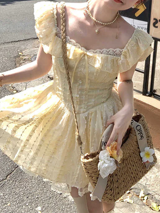 Yellow Square Neck Puff Sleeve Dress - Image 3