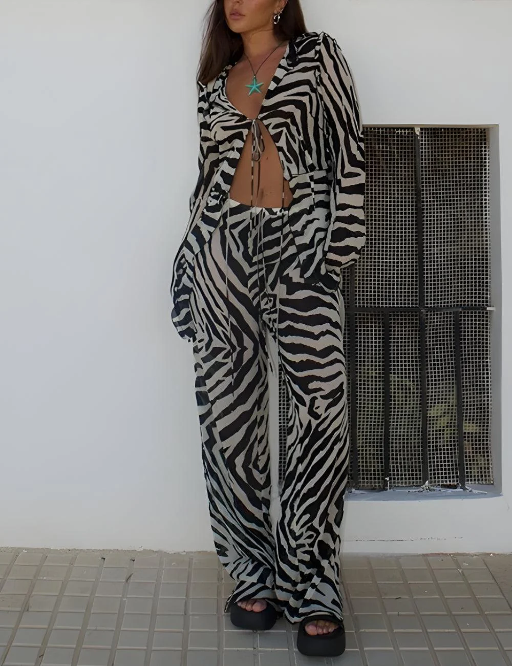 Zebra Tie Up Blouse & Pants Two Piece Set - Image 5