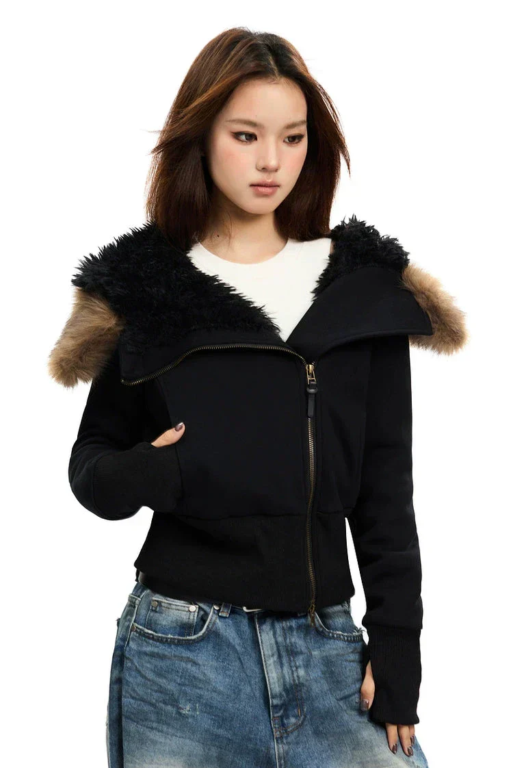 Zip-Up Hoodie with White Faux Fur Hood Trim - Image 10