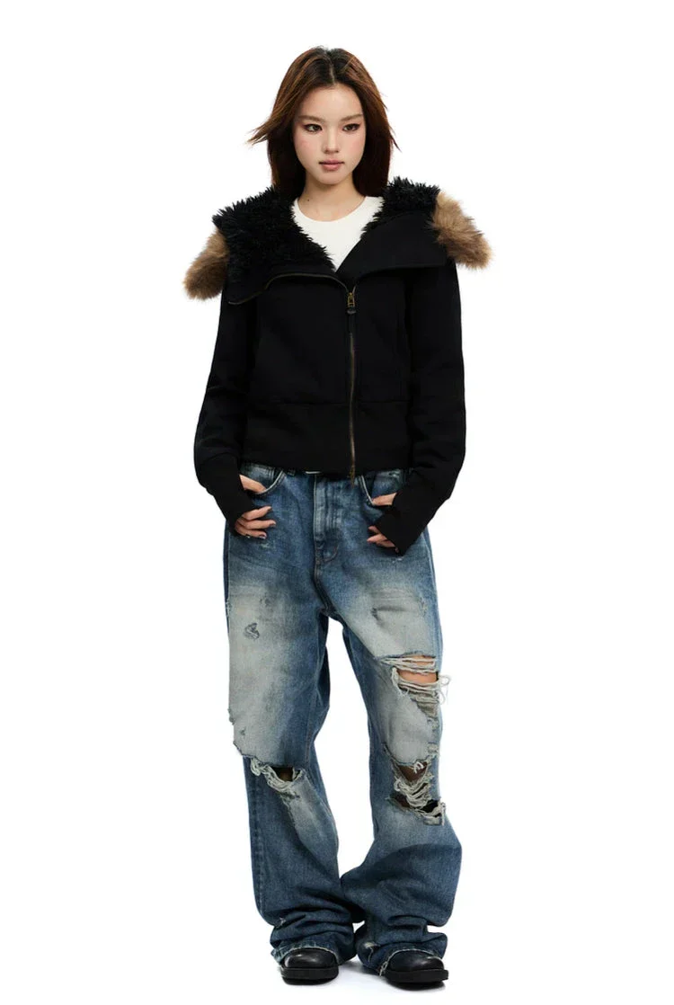 Zip-Up Hoodie with White Faux Fur Hood Trim - Image 11