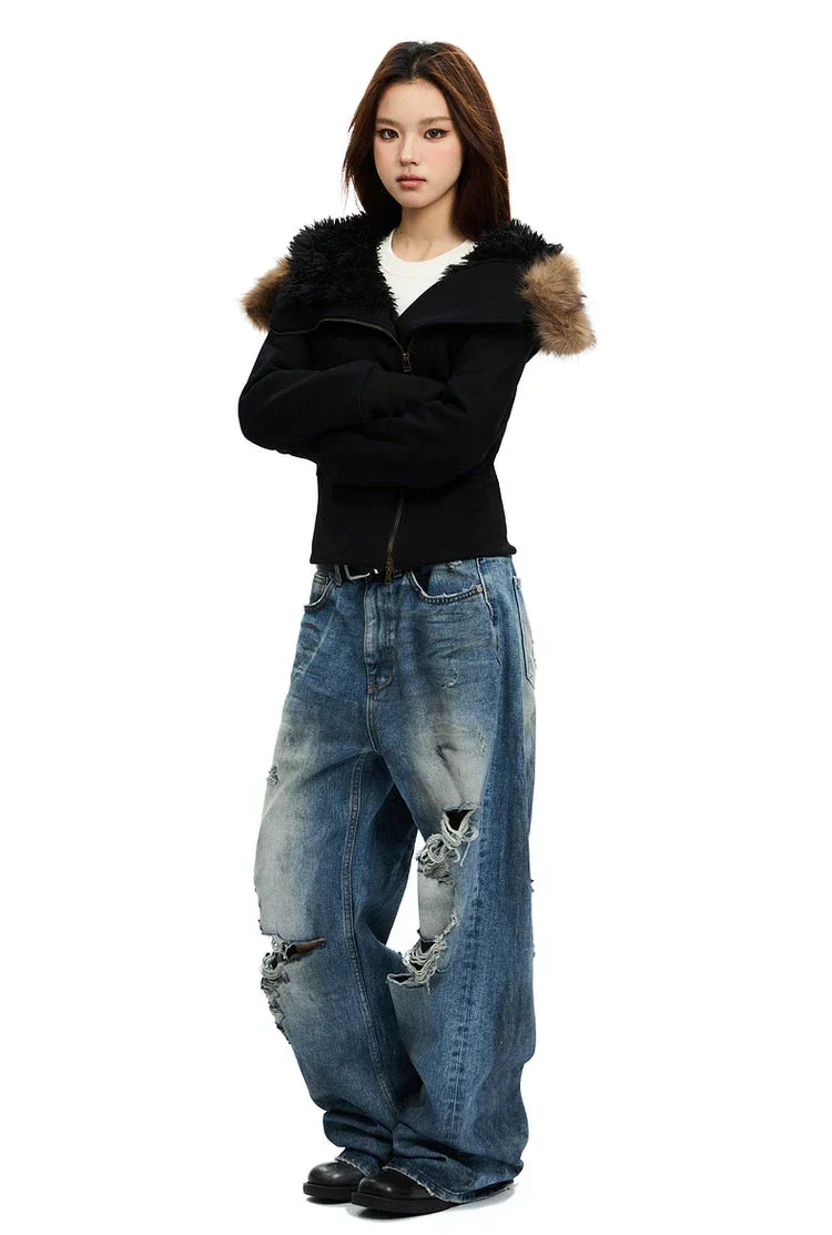 Zip-Up Hoodie with White Faux Fur Hood Trim - Image 12