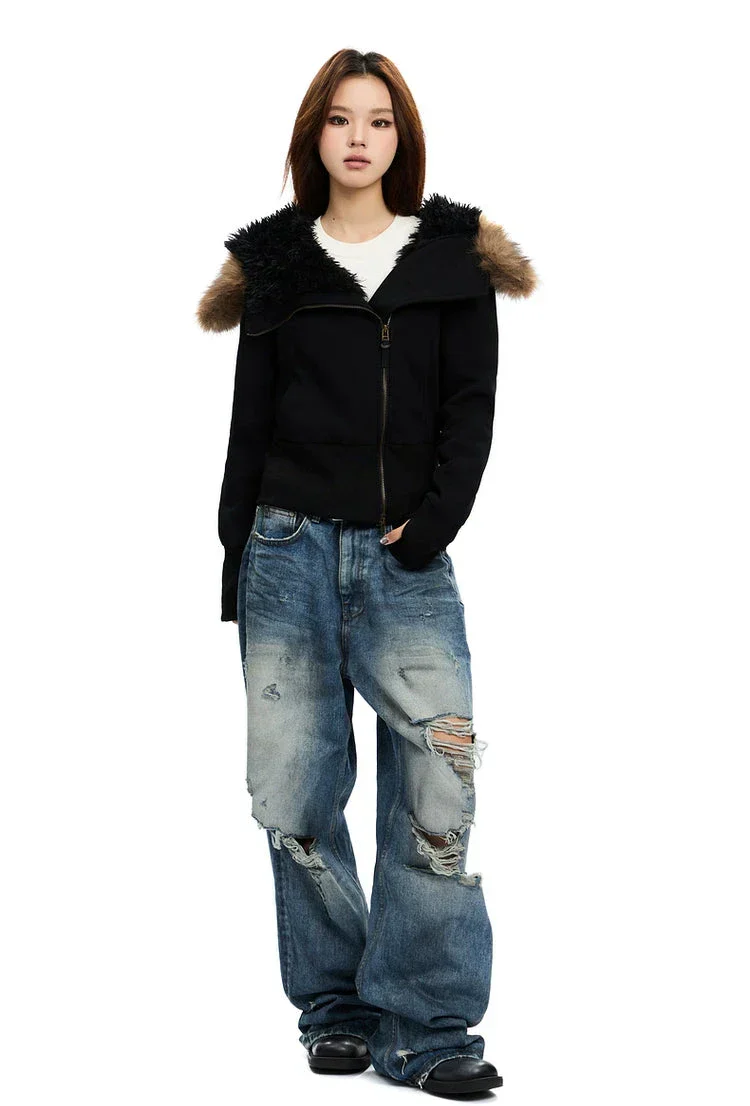Zip-Up Hoodie with White Faux Fur Hood Trim - Image 13