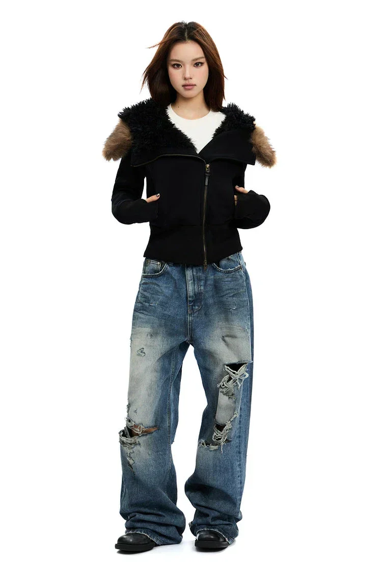 Zip-Up Hoodie with White Faux Fur Hood Trim - Image 14