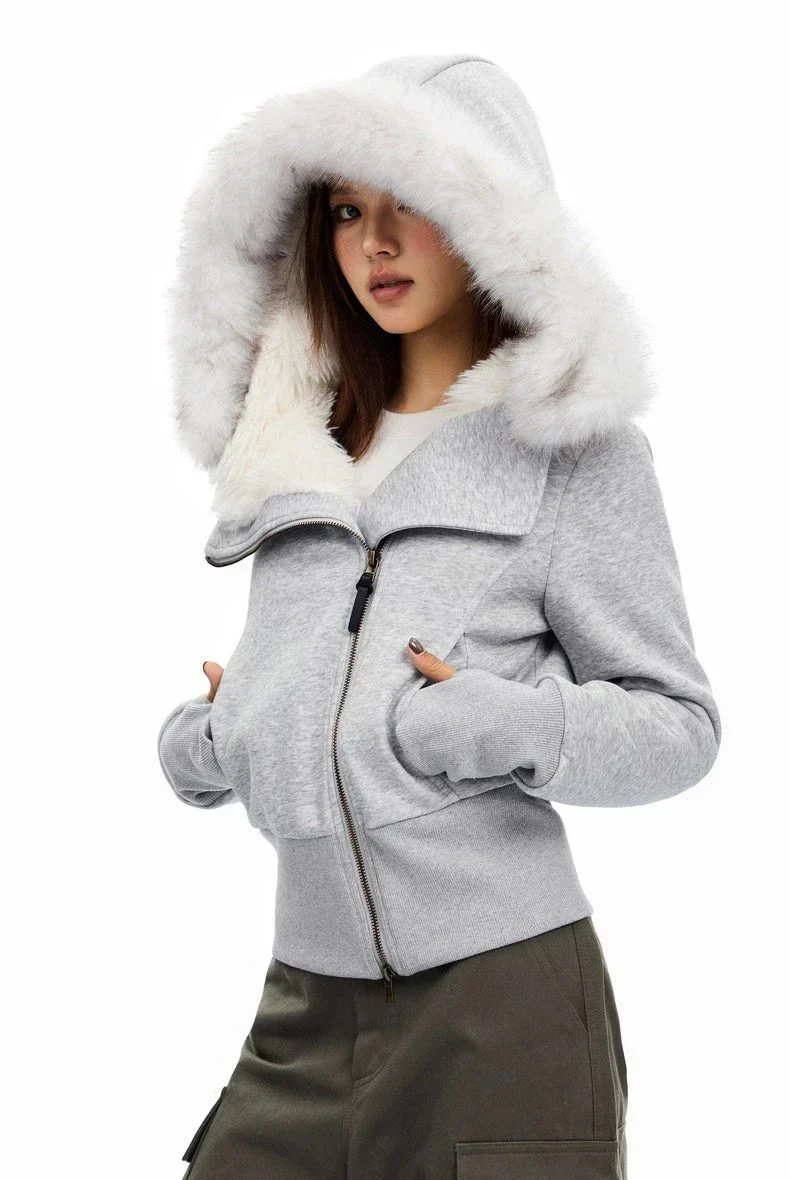 Zip-Up Hoodie with White Faux Fur Hood Trim - Image 15