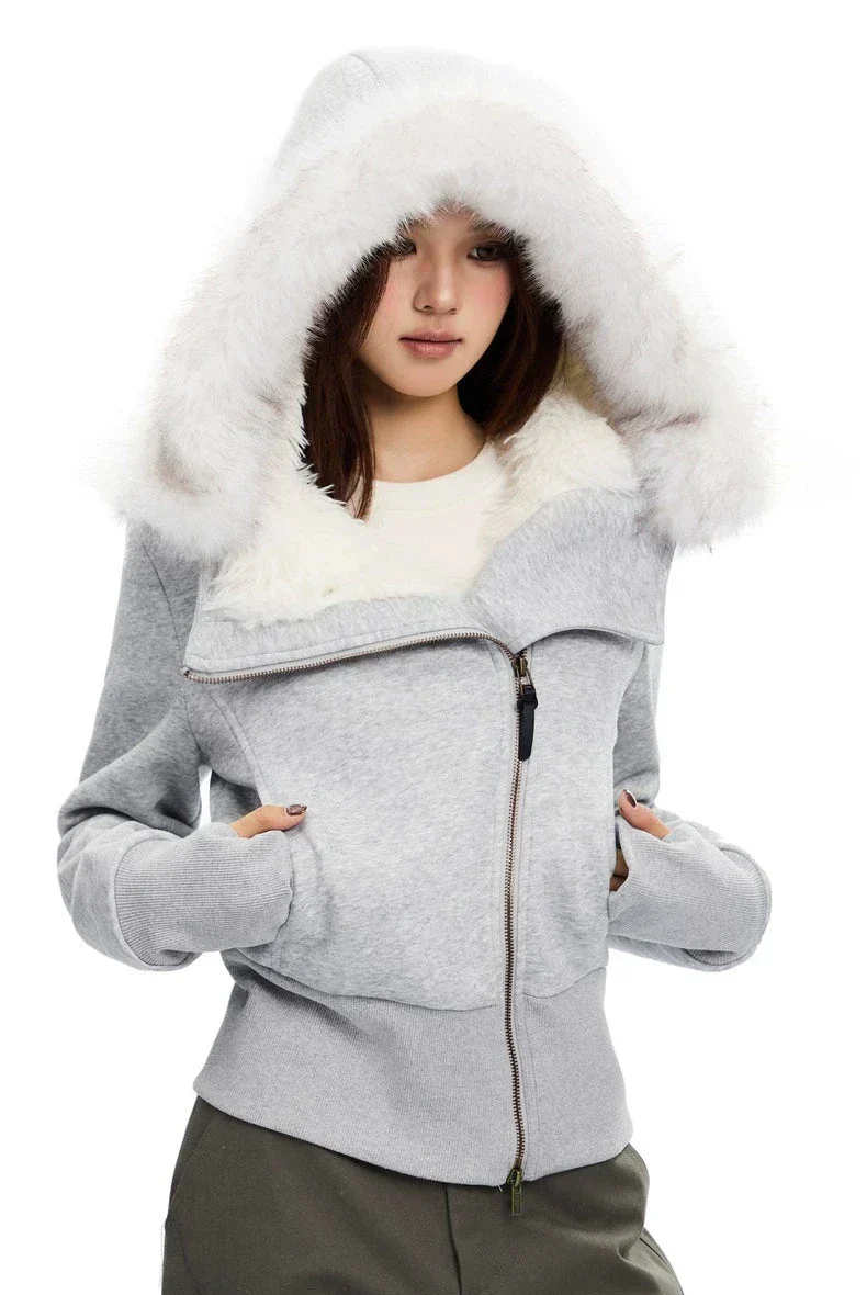 Zip-Up Hoodie with White Faux Fur Hood Trim - Image 2