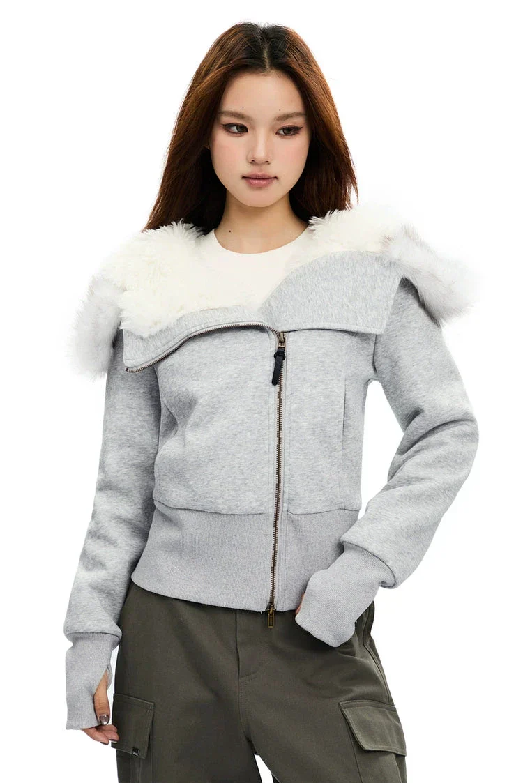 Zip-Up Hoodie with White Faux Fur Hood Trim - Image 3