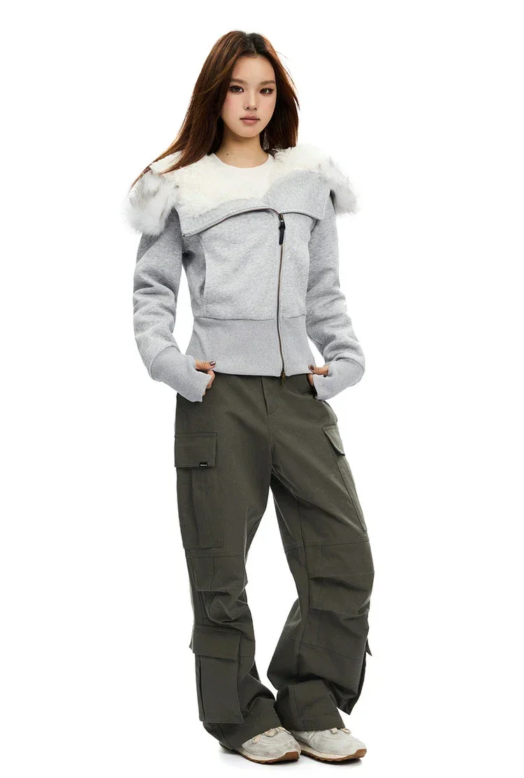 Zip-Up Hoodie with White Faux Fur Hood Trim - Image 4
