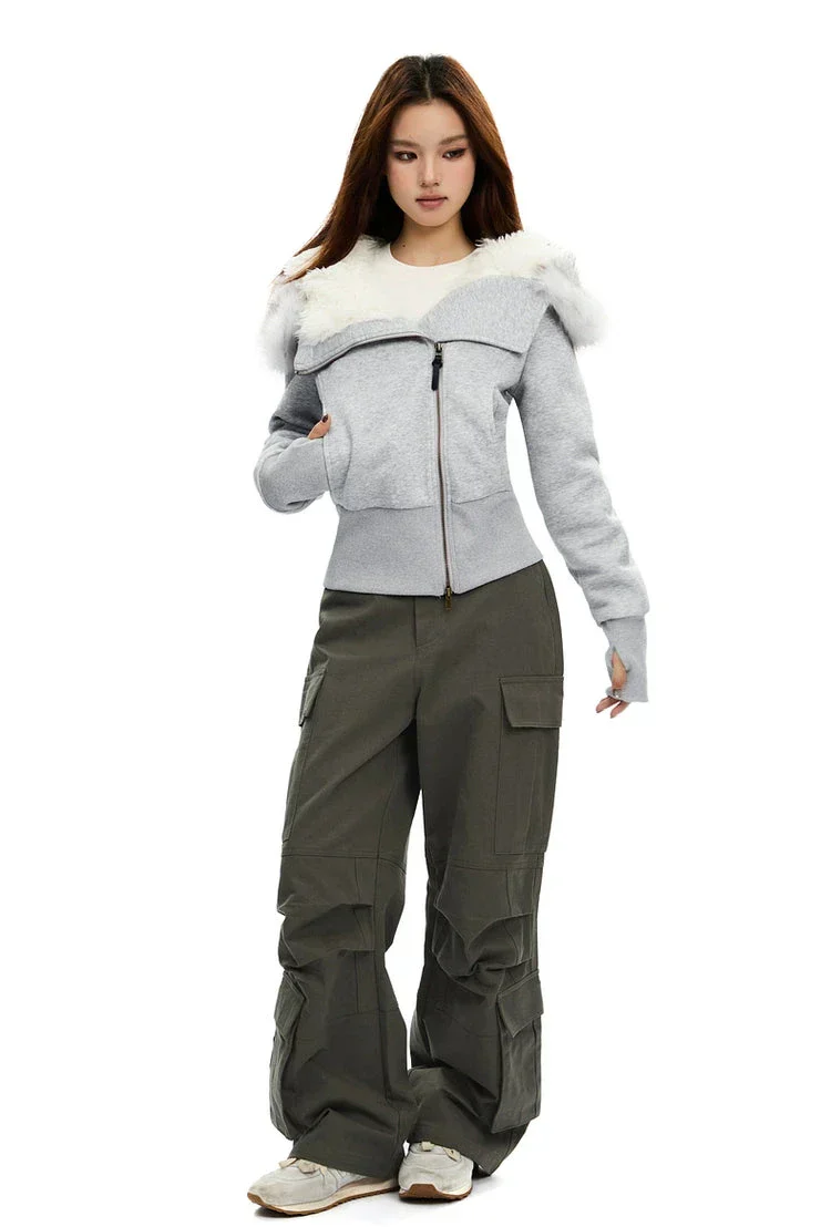 Zip-Up Hoodie with White Faux Fur Hood Trim - Image 5