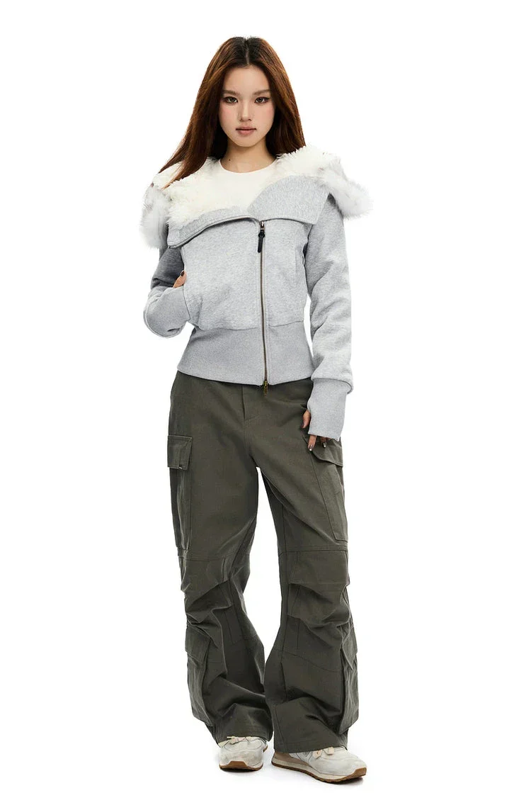 Zip-Up Hoodie with White Faux Fur Hood Trim - Image 6