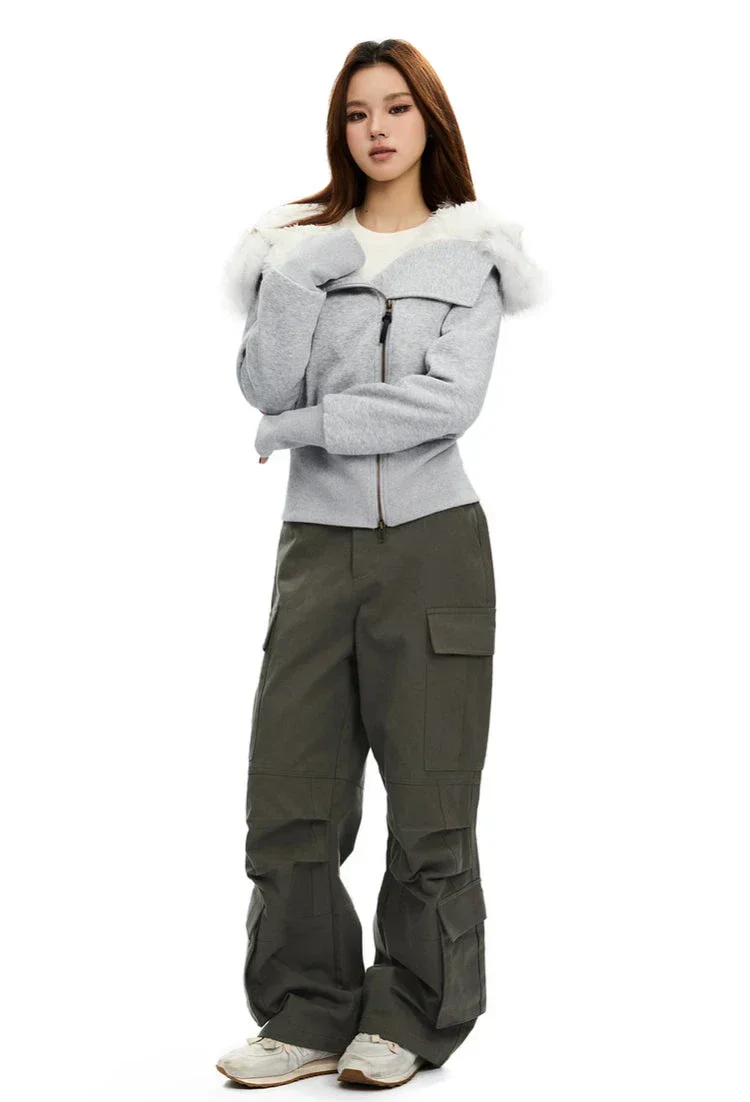 Zip-Up Hoodie with White Faux Fur Hood Trim - Image 7