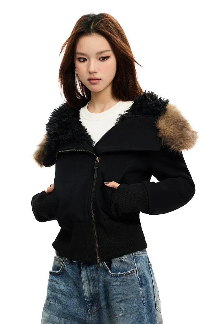 Zip-Up Hoodie with White Faux Fur Hood Trim - Image 8