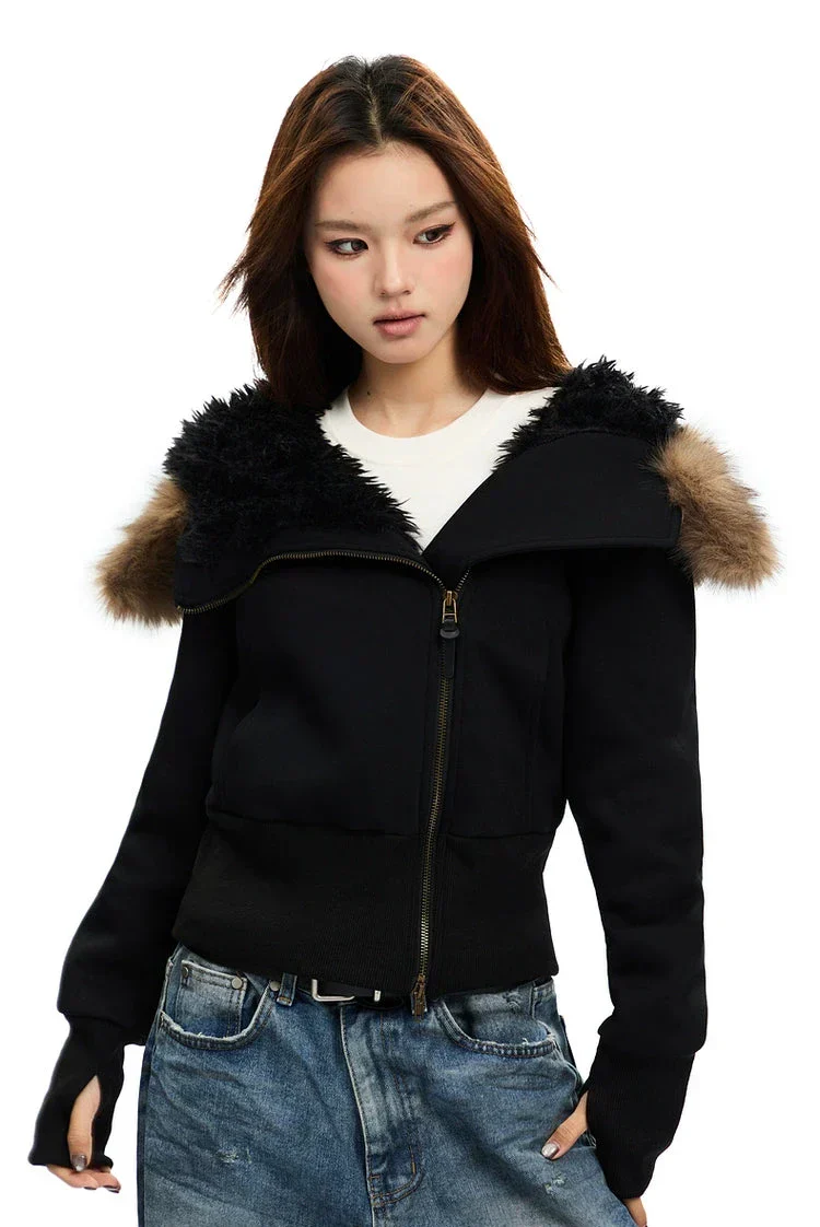 Zip-Up Hoodie with White Faux Fur Hood Trim - Image 9